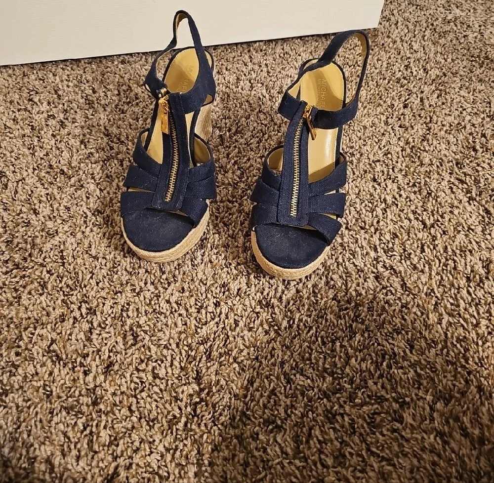 Michael Kors Navy Espadrille Wedge Sandals with Gold Zip Detail
